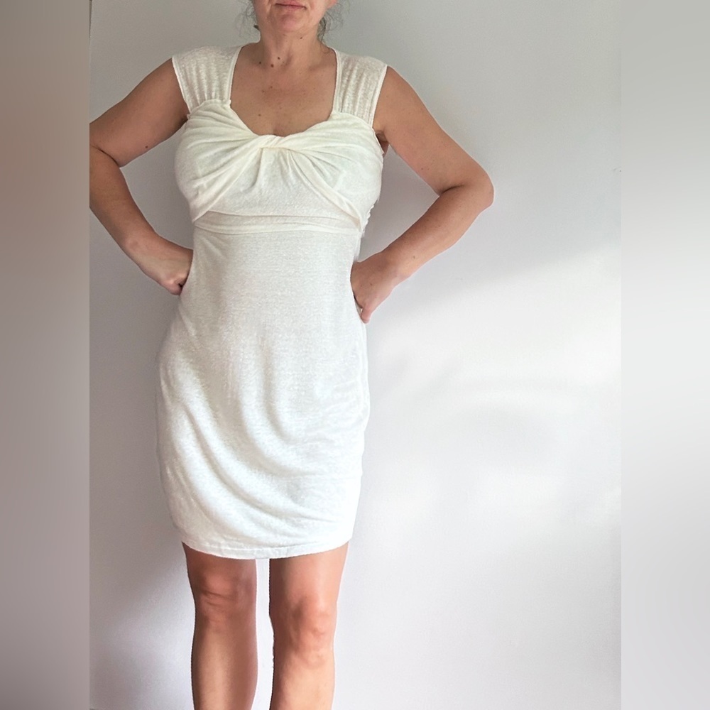 Robert Rodriguez linen Woman’s cap sleeve Ruched Midi Dress off white jersey 6